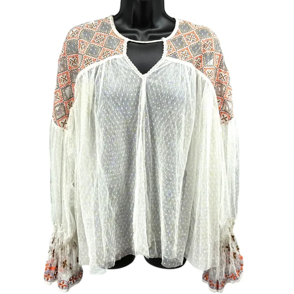 Free‎ People PLS Sheer Swiss Dot Embroidered Boho Tunic Top Oversized
